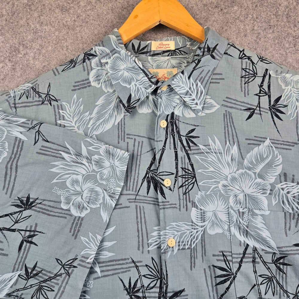 Reyn Spooner Shirt Mens XL Green Hibiscus Bamboo Floral Cotton Lawn Aloha Shirt